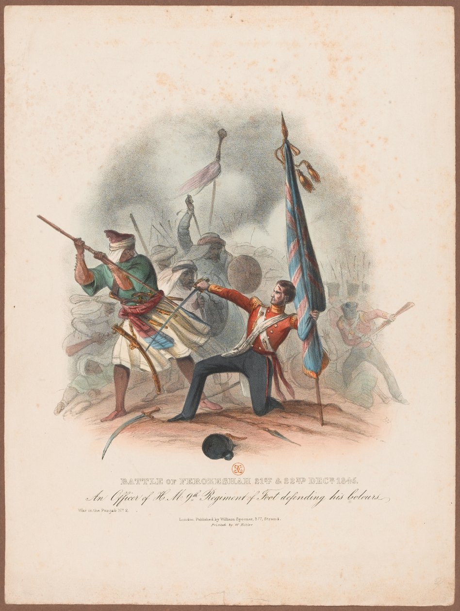Bataille de Ferozeshah, 21 et 22 décembre 1845. Un officier du 9e Régiment défendant ses couleurs - W. Kohler