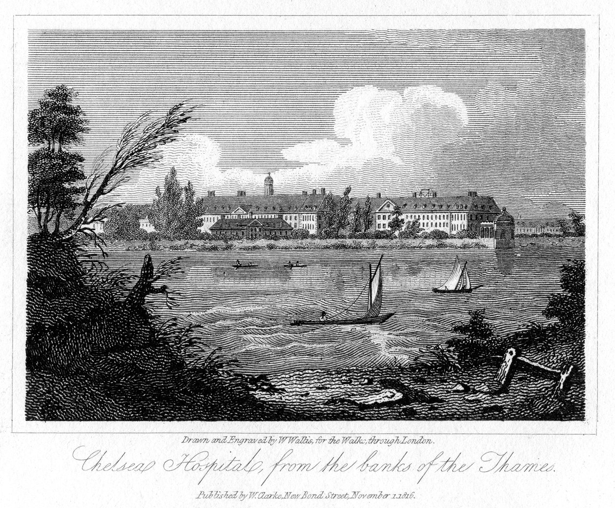 Hôpital de Chelsea, depuis les rives de la Tamise, Londres, 1816 - W. Wallis