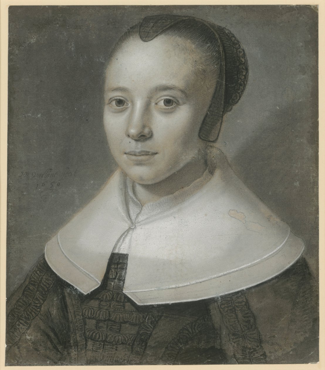 Buste d’une jeune femme tournée à demi vers la gauche, avec une coiffe de gaze noire et un large col lisse - Wallerant Vaillant
