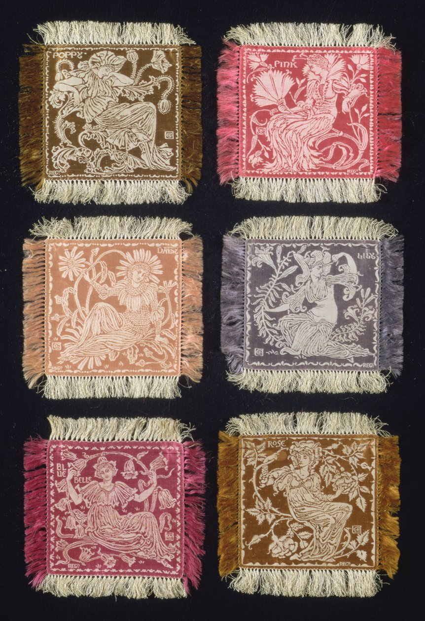 Suite de six napperons de dessert, Rose, Lys, Marguerite, Coquelicot, Œillet et Jacinthe, fabriqué par John Wilson & Sons, 1893 - Walter Crane