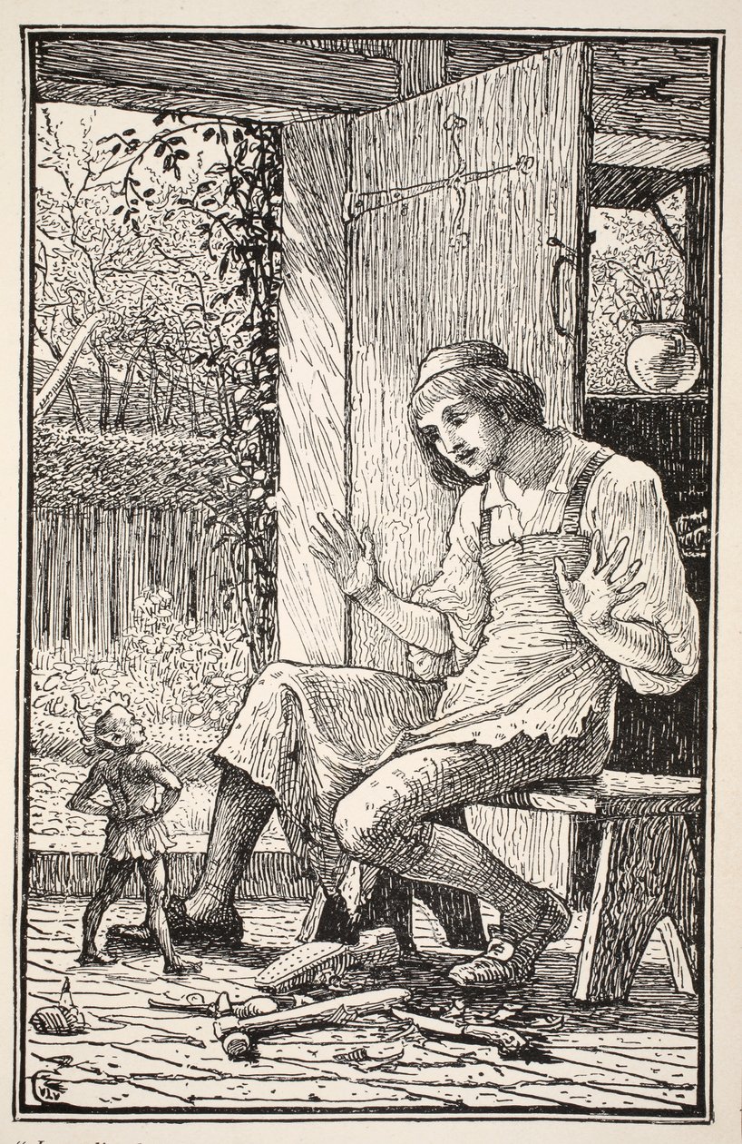 Immédiatement, un petit être sauta de sous les morceaux de cuir à ses pieds, et plaçant ses bras akimbo, rit un rire de gobelin dans le visage étonné de Taffy, illustration de 