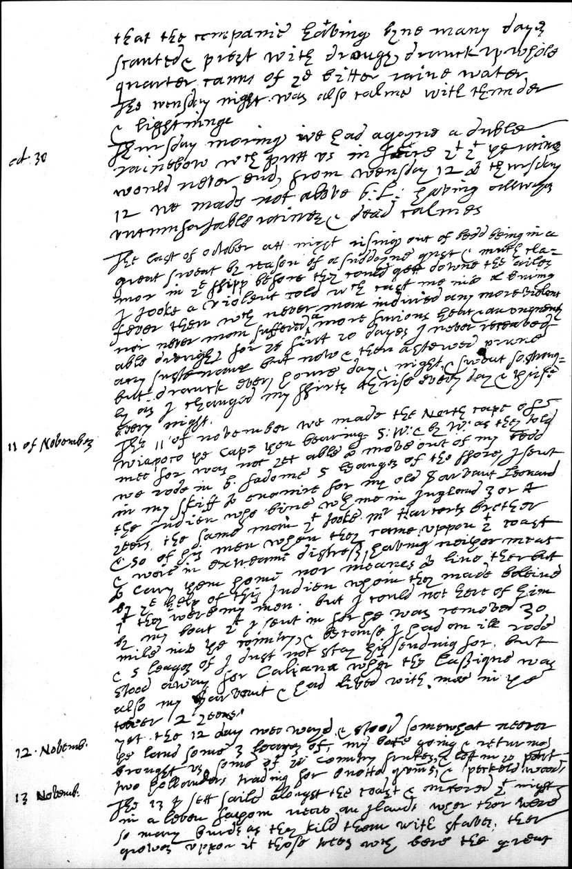Extrait du journal de Raleigh de son deuxième voyage en Guyane, montrant les entrées des 29, 30 octobre et 11, 12 et 13 novembre, 1617 - Walter Raleigh