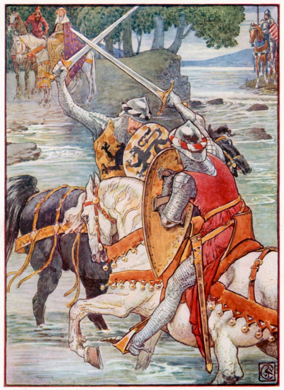 Beaumains remporte le combat au Gué (lithographie couleur) - Walter (after) Crane