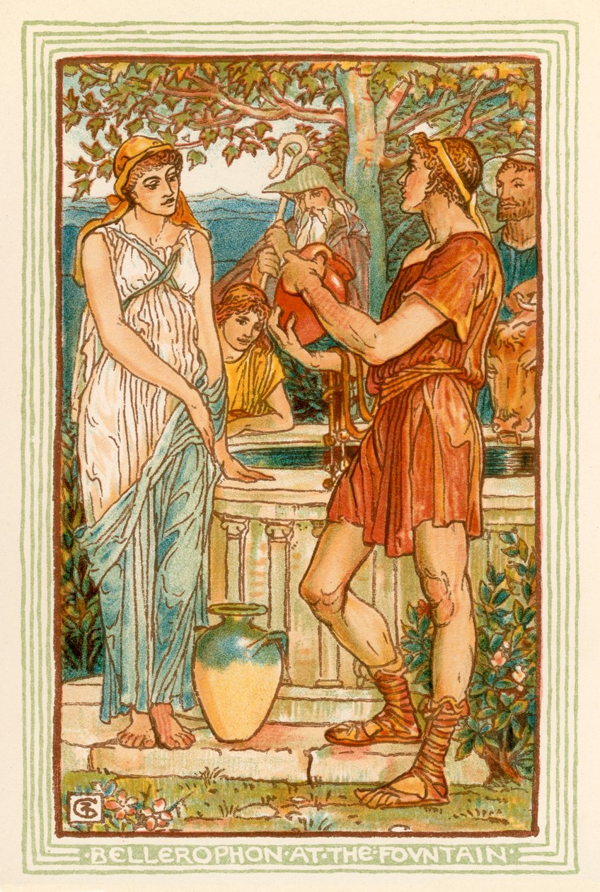 Bellérophon à la fontaine (lithographie couleur) - Walter (after) Crane