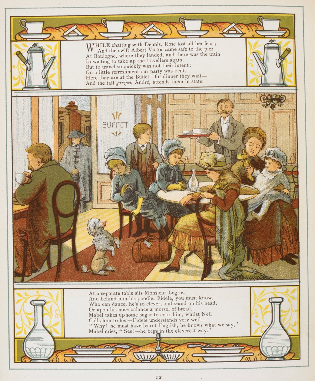 Une famille prenant des rafraîchissements dans un buffet. Illustration en couleur de 