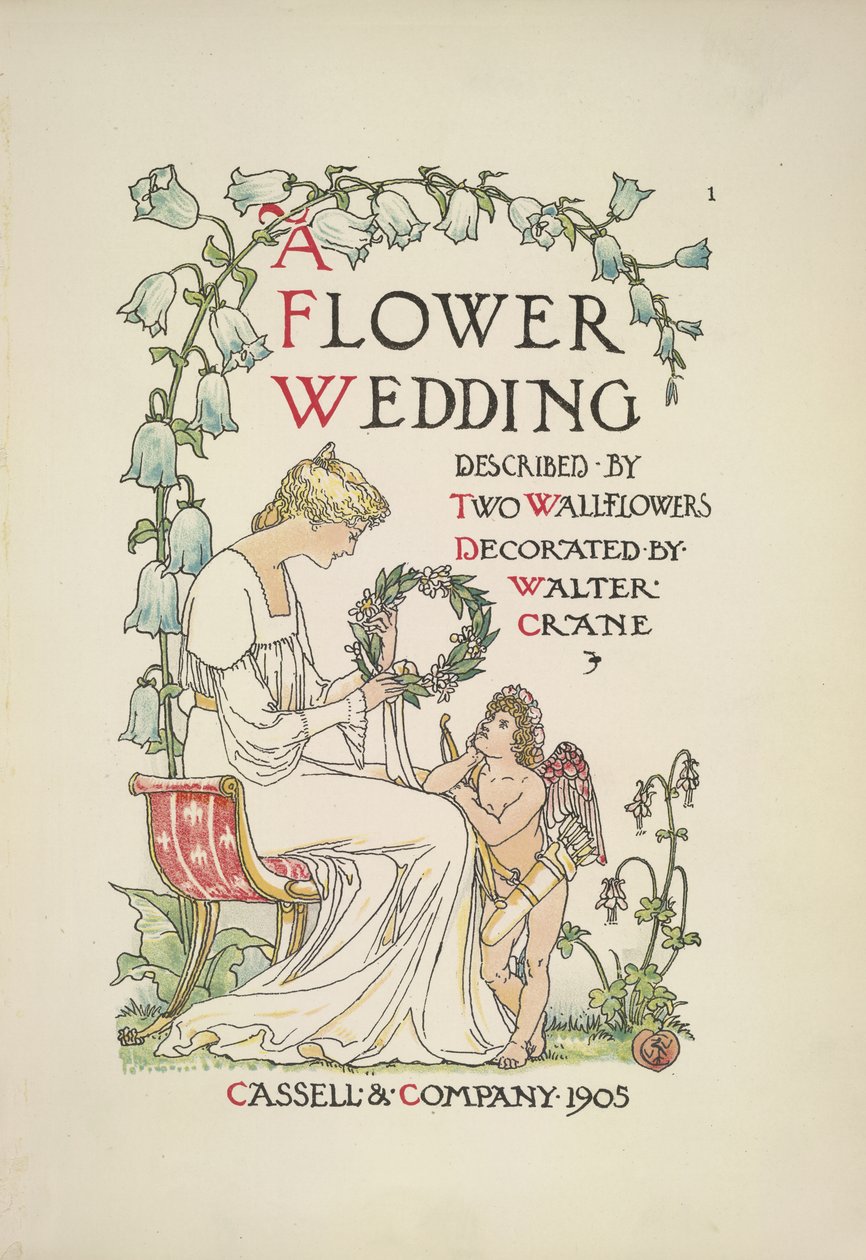 Une femme assise tenant une guirlande; un ange la regardant - Walter Crane