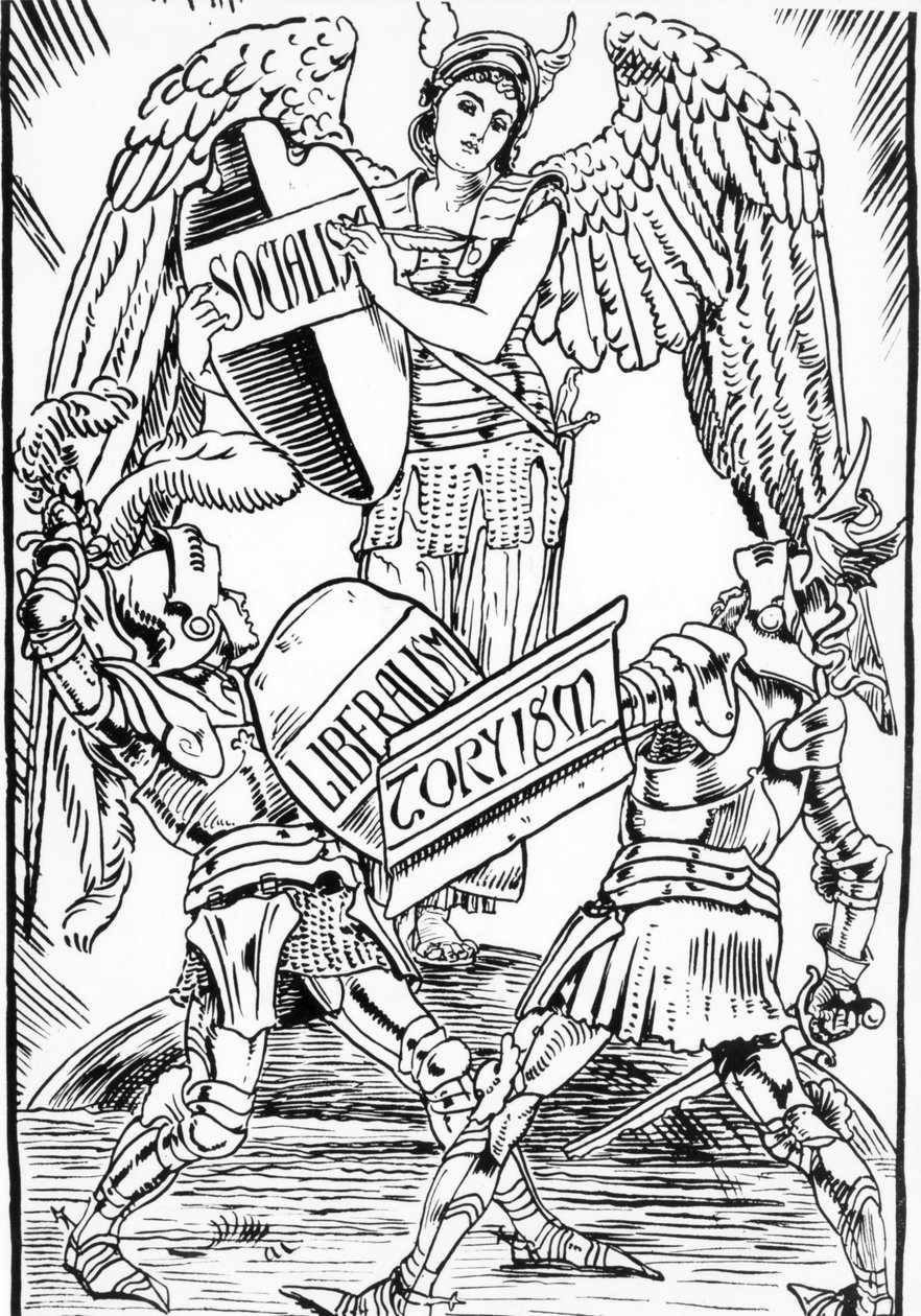 Allégorie de Walter Crane : Le socialisme triomphe durement de la lutte entre le libéralisme et le torysme (Parti conservateur anglais). Gravure de la fin du XIXe siècle. - Walter Crane