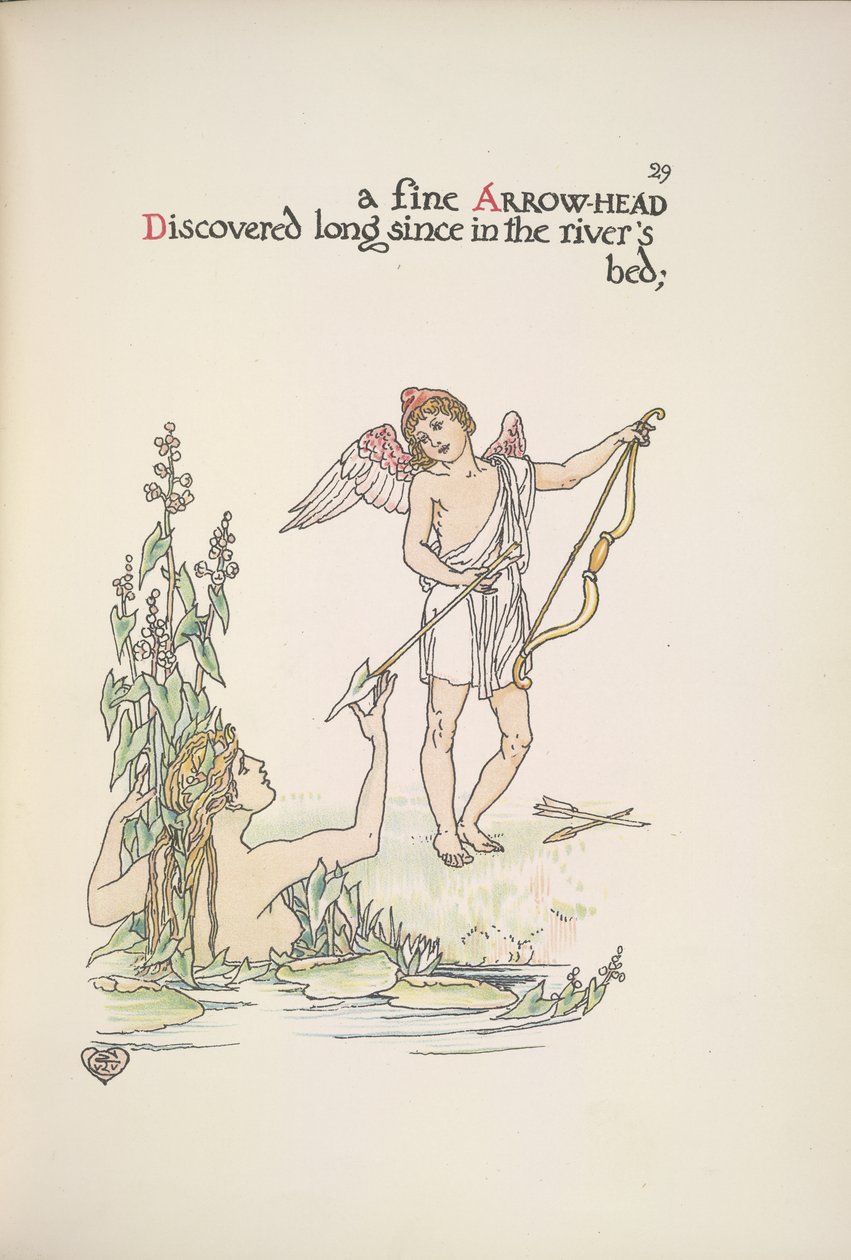 Un ange tenant une flèche, et une dame dans une rivière ou un lac - Walter Crane