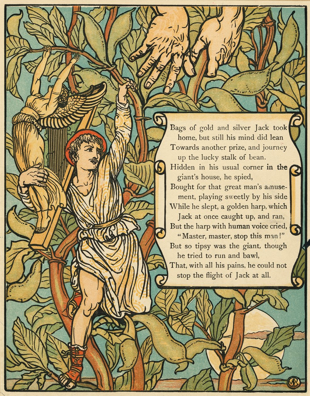 Jack descendant le haricot magique de Jack et le haricot magique pub. 1875 lithographie en couleur, 1875 - Walter Crane