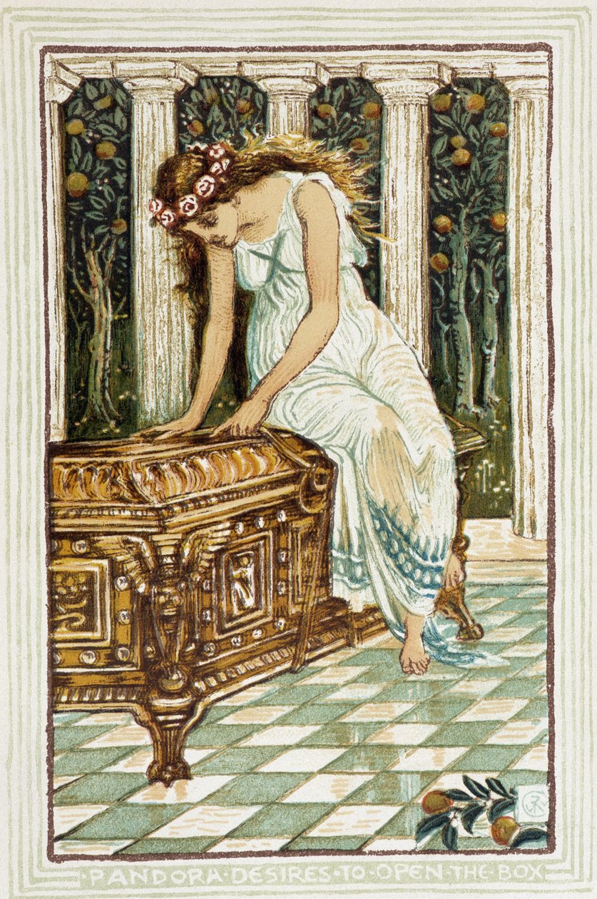 Pandora veut ouvrir le coffre - dans A wonder book for girls and boys - Walter Crane