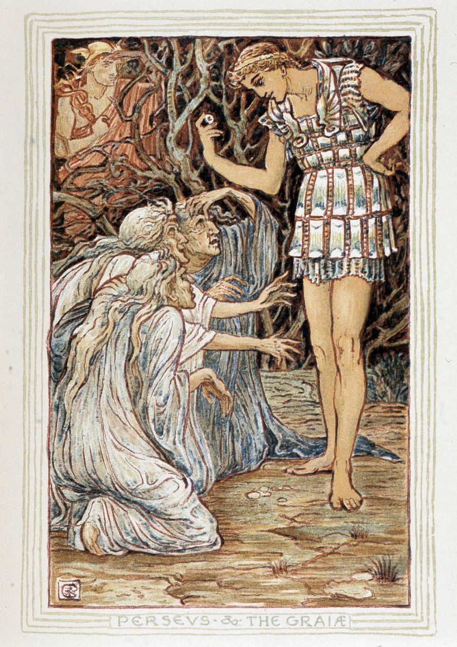 Persée et les Graia (Béotie, Grèce) - Il rencontre trois vieilles femmes (sorcières ?) - dans A wonder book for girls and boys par Walter Crane (1845-1915) - Walter Crane