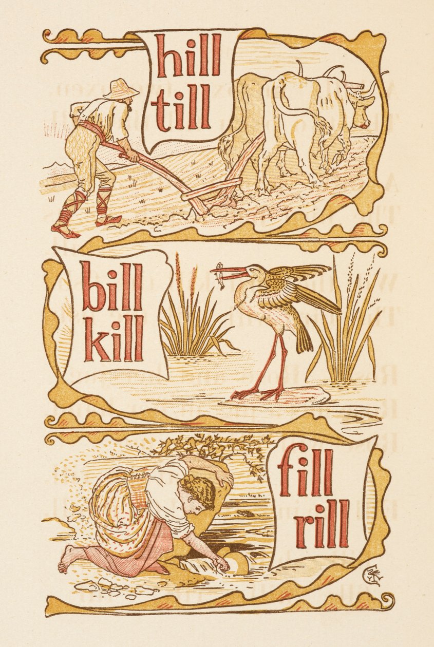 Mots rimant se terminant par la lettre L. Labourage. Une cigogne. Le Golden primer. - Walter Crane