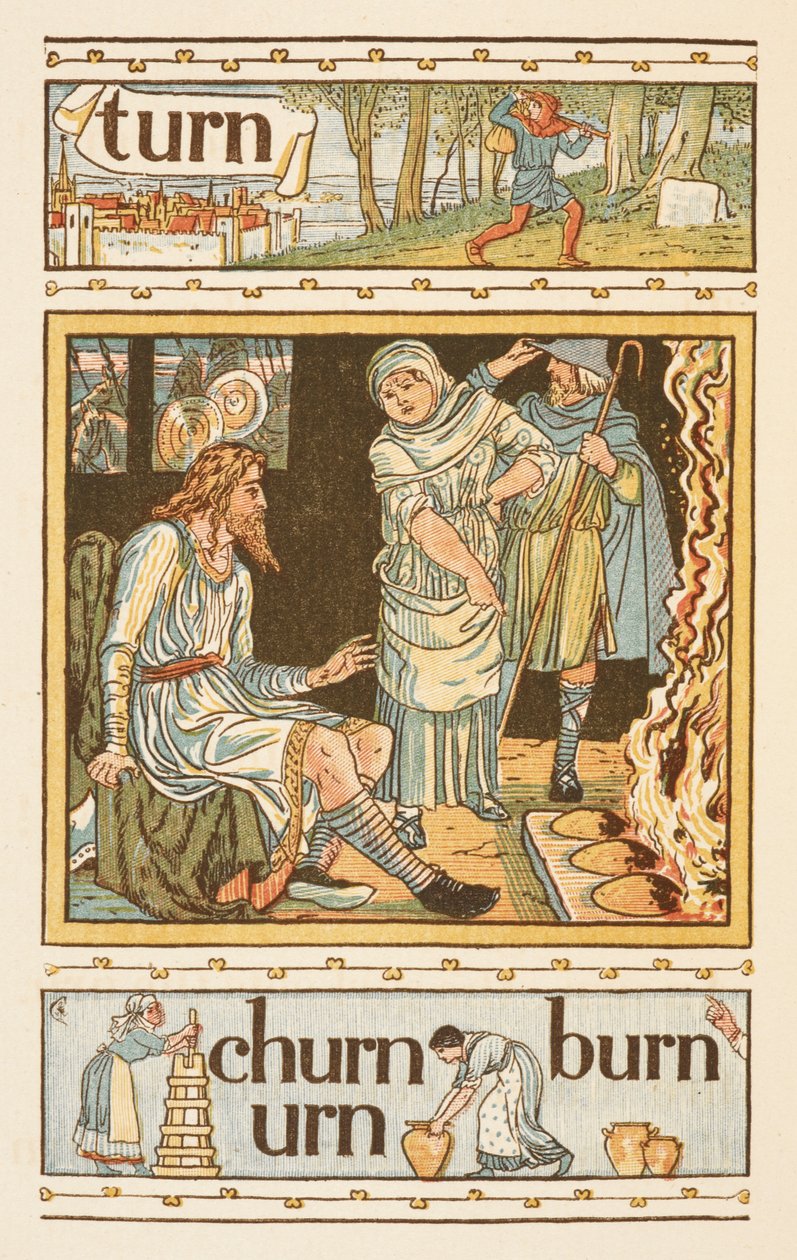 Mots rimant se terminant par la lettre N. Une illustration montrant peut-être le roi Alfred et les gâteaux brûlés. Le Golden primer. - Walter Crane