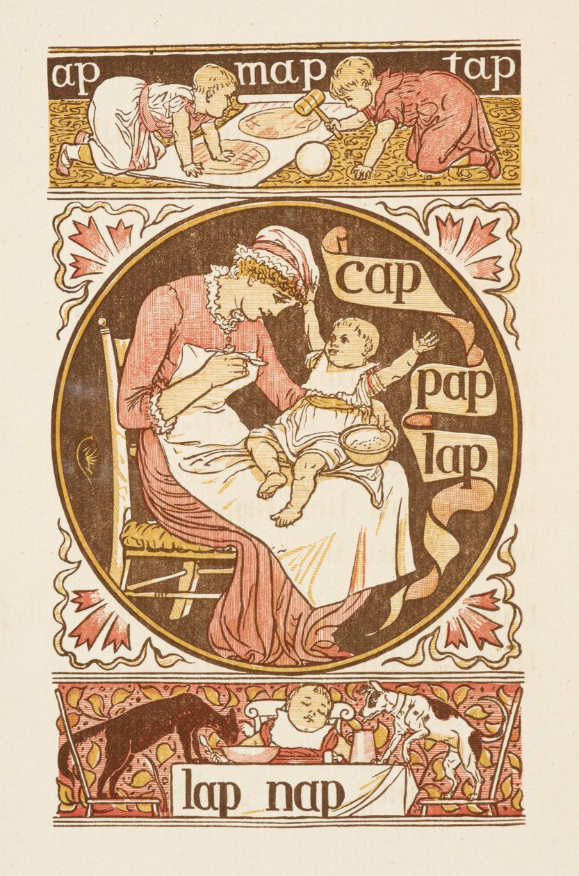 Mots rimant se terminant par la lettre P. Une illustration montrant une femme nourrissant un enfant. Le primer doré - Walter Crane