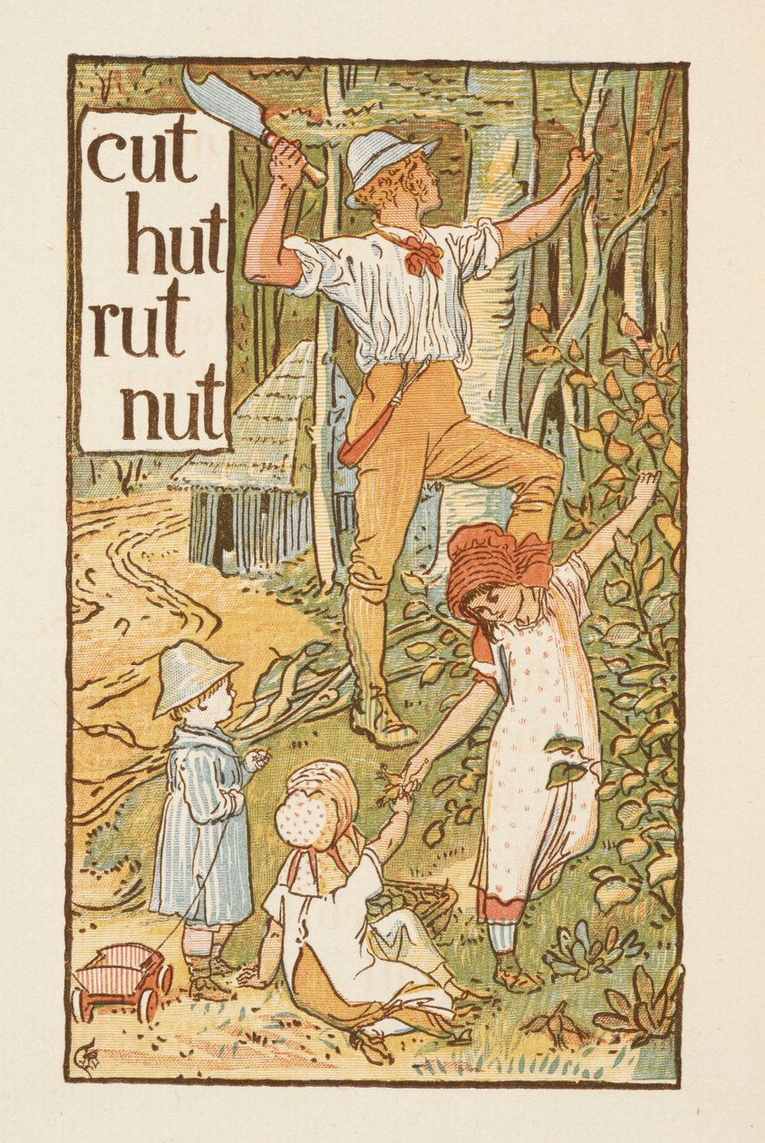 Mots rimant se terminant par la lettre T. Une illustration montrant un homme coupant un arbre. Trois enfants sont avec lui. Le primer doré - Walter Crane