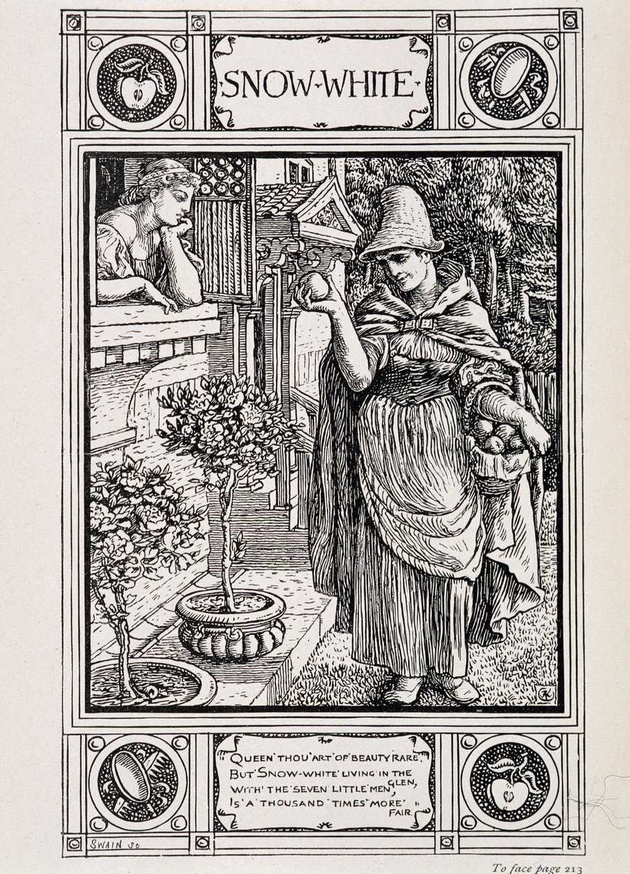 Blanche-Neige et la sorcière tendant sa pomme - dans « Contes de la maison des frères Grimm », traduit de l