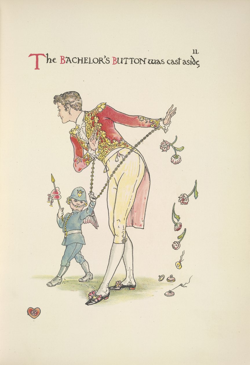 Le bouton du célibataire. Un jeune homme enchaîné aux poignets ; Cupidon le conduit - Walter Crane