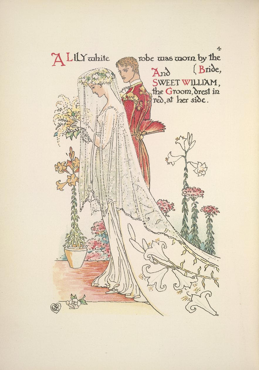 Les mariés. Une robe blanche portée par la mariée, et Sweet William, le marié, habillé en rouge - Walter Crane