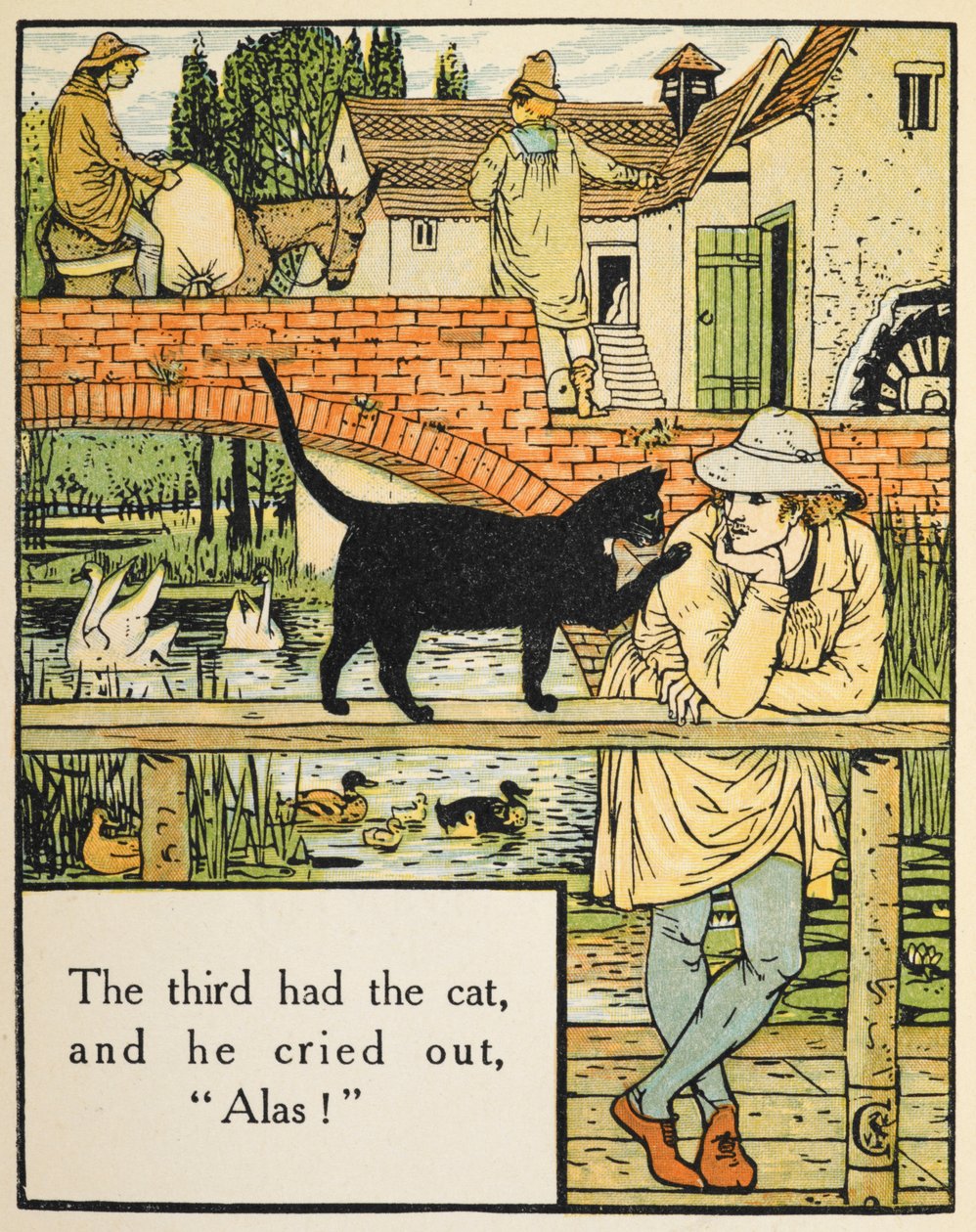 Le troisième avait le chat, et il cria, "hélas!". Le fils du meunier et son chat - Walter Crane