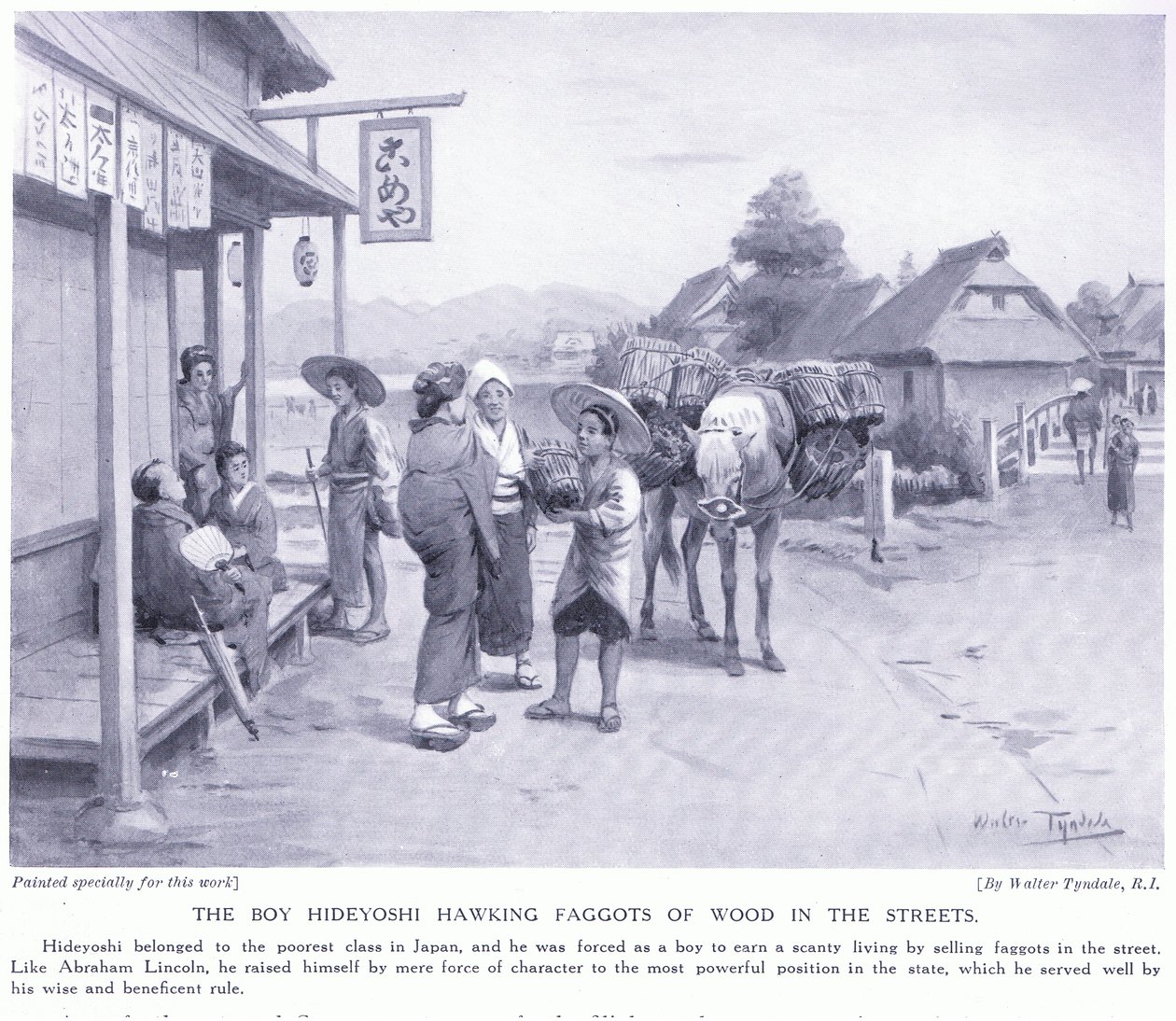 Le garçon Hideyoshi vendant des fagots de bois dans les rues - Walter Frederick Roofe Tyndale