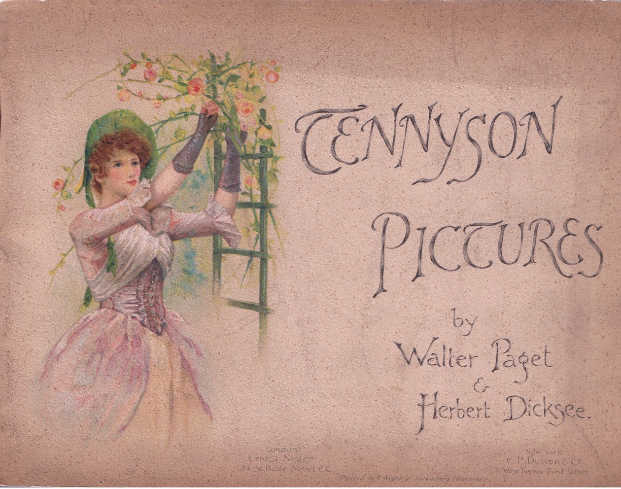 Conception de la couverture avant (La Reine de Mai), illustration de Tennyson Pictures publiée par E P Dutton & Co, vers 1900 - Walter Paget