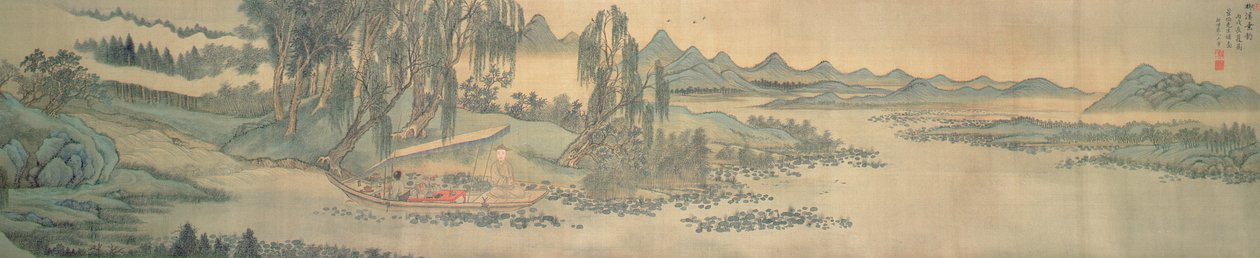 Rouleau de main représentant un paysage avec le poème colophon, Pêche dans le ruisseau de saule, chinois, 1706 - Wang Hui