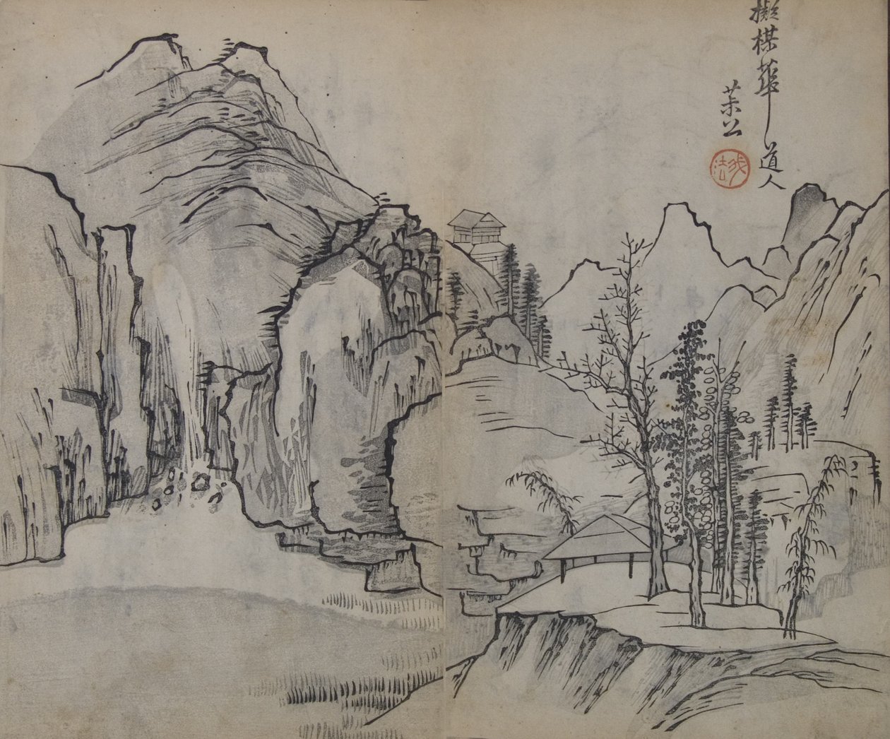 Paysage après Wu Zhen 1280-1354, du Manuel du jardin de graines de moutarde, Première édition, 1679 - Wang Gai