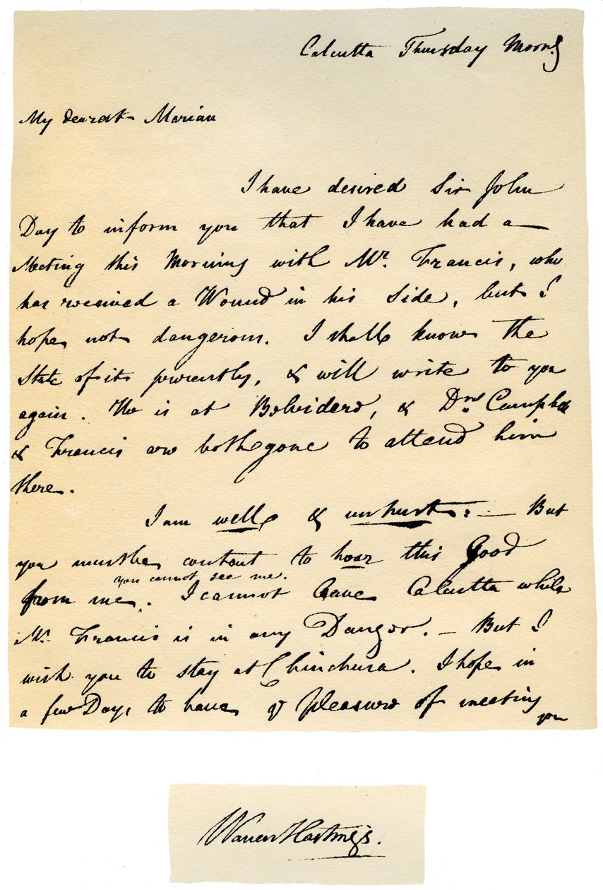 Lettre de Warren Hastings, Gouverneur général du Bengale à sa femme, 17 août 1780 - Warren Hastings