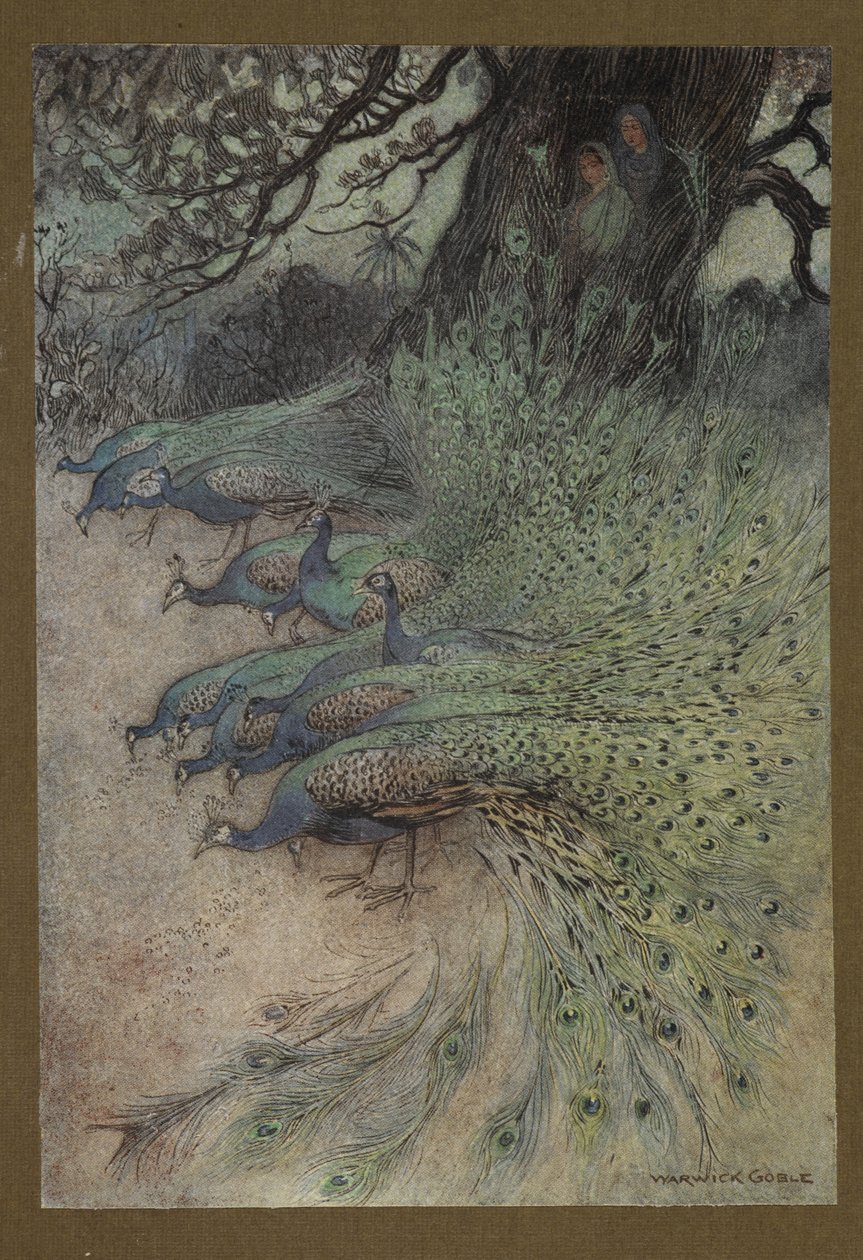 Planche 11: "Des centaines de paons aux plumes magnifiques vinrent aux remblais pour manger le khai", de Folk-Tales of Bengal ... Avec 32 illustrations en couleur par Warwick Goble (Édition de luxe) - Warwick Goble