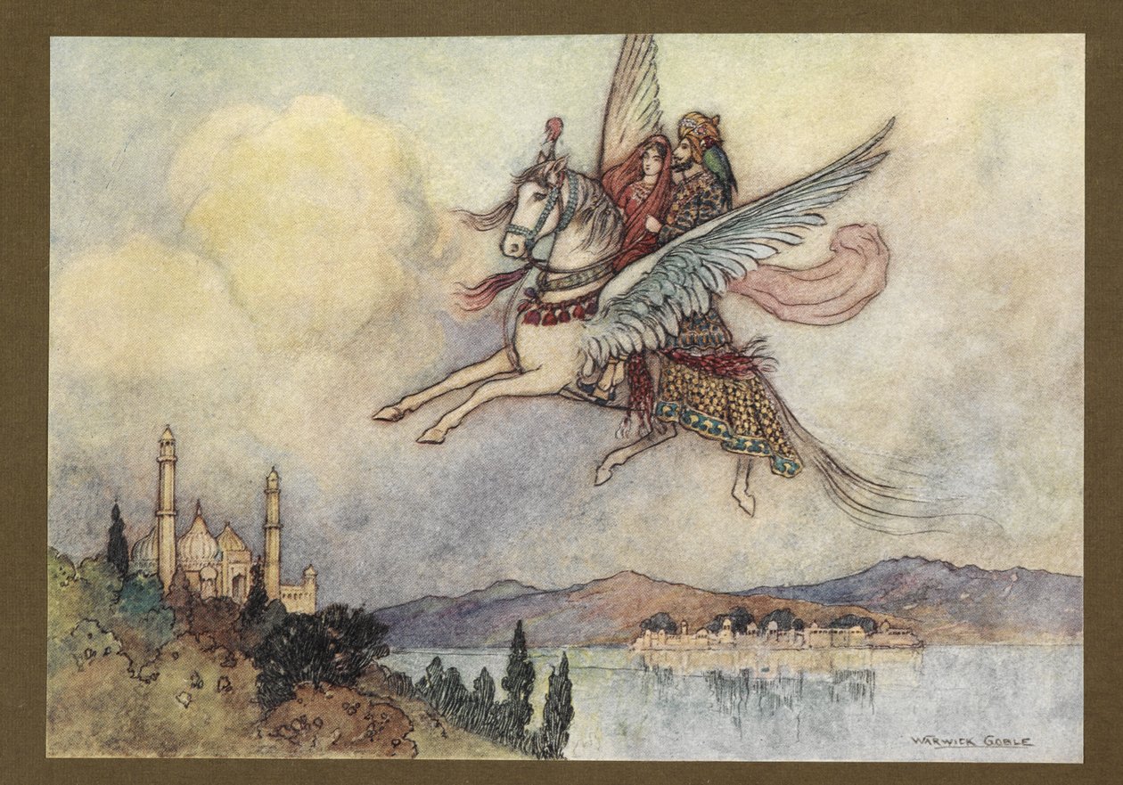 Planche 20: "La dame, le roi et Hiraman ont tous atteint la capitale du roi sains et saufs", de Contes populaires du Bengale ... Avec 32 illustrations en couleur par Warwick Goble (Édition de luxe.) - Warwick Goble