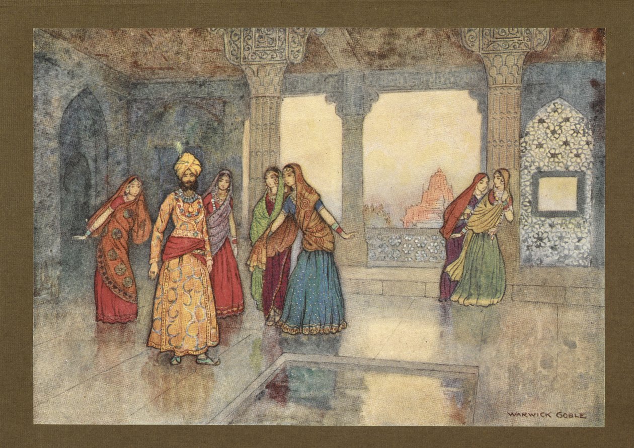 Planche 25: "Les six reines ont essayé de le réconforter", de Contes populaires du Bengale ... Avec 32 illustrations en couleur par Warwick Goble. (Édition de luxe.) 1914 (lithographie en couleur) - Warwick Goble