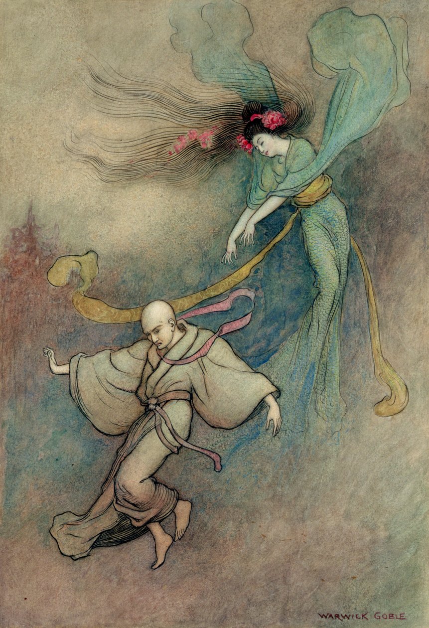 La cloche de Dojoji (plume et encre et aquarelle sur crayon sur papier posé sur carton) - Warwick Goble