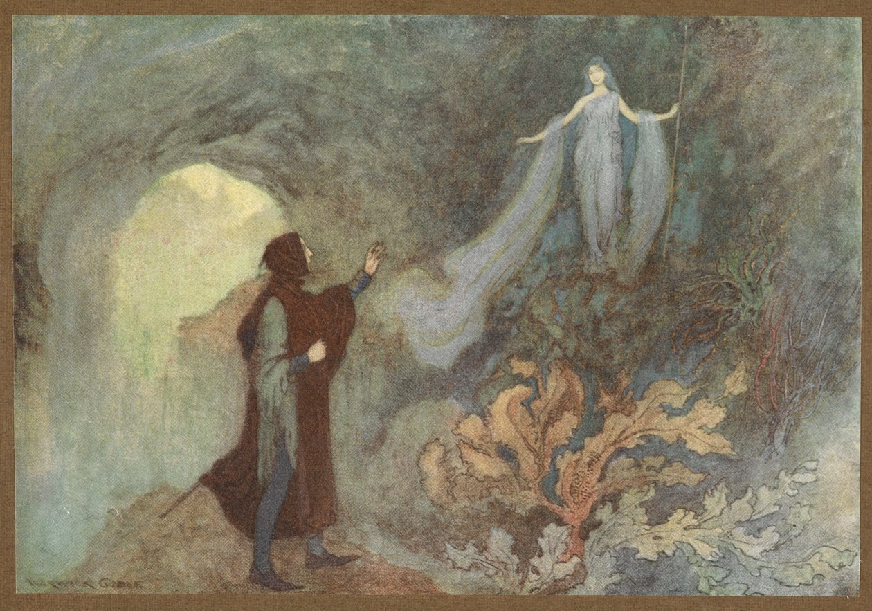 La fée apparaissant au prince dans la grotte, de Cenerentola - Warwick Goble