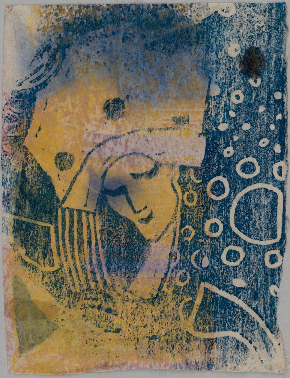 Farbholzschnitt-Probedrucke; Vorderseite: Frauenkopf mit großer Haube, Hintergrund mit Kreismusterung; Rückseite: Hand, stehende Gestalten - Wassily Kandinsky