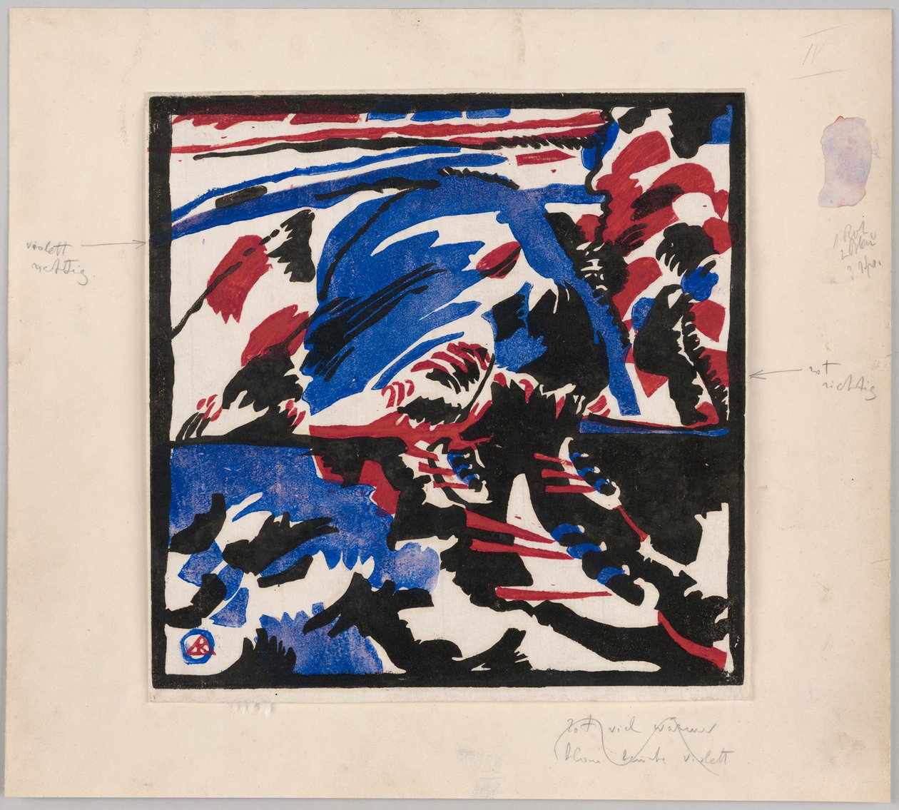 Holzschnitt zu dem Gemälde "Kahnfahrt" (Probedruck mit Anweisungen für Kandinskys Buch "Klänge" (1912), S. 49) - Wassily Kandinsky