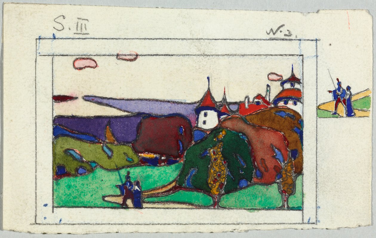 Paysage représentant un couple en costume médiéval, au verso : fragment représentant un chevalier en armure - Wassily Kandinsky