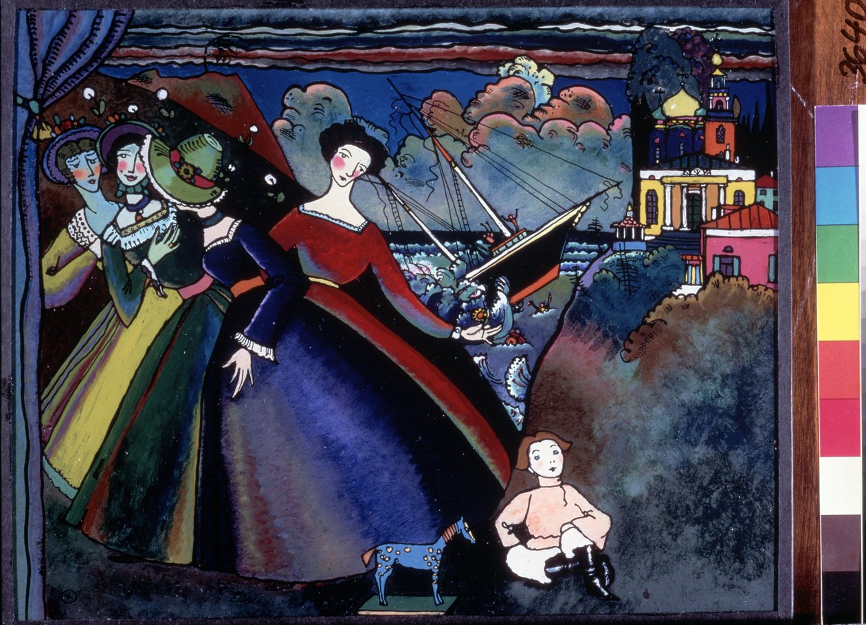 Jeunes femmes à quai, au loin un bateau semble faire naufrage. Peinture de Vassily Kandinsky - Wassily Kandinsky