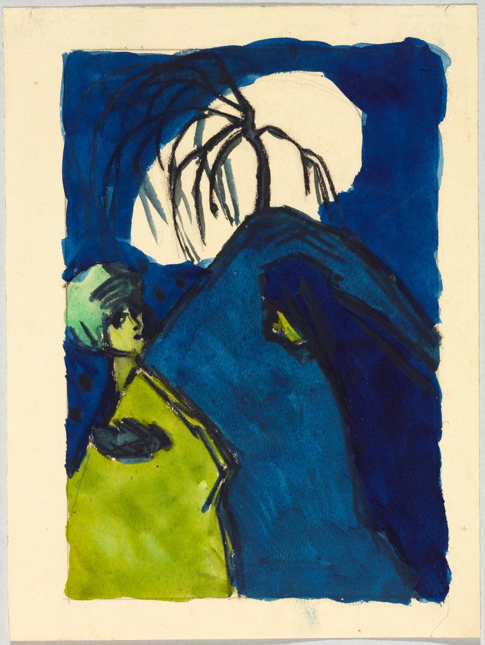 Zwei Gestalten vor Hügel mit Baum und weißer Wolke; Begegnung - Wassily Kandinsky