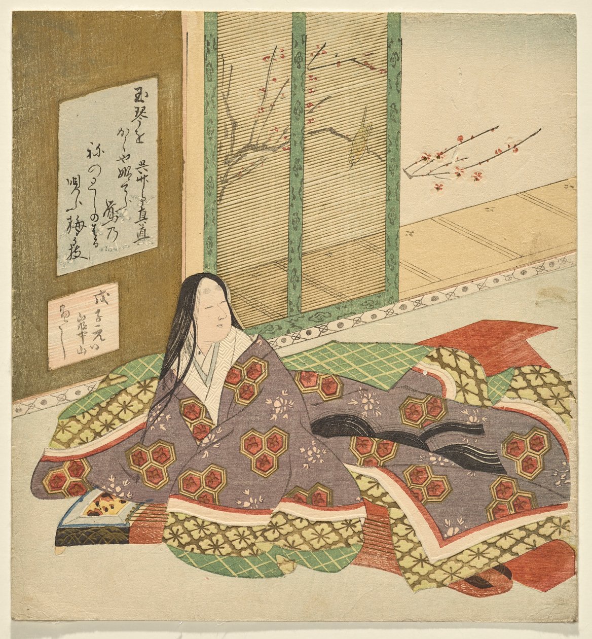 Une dame de cour assise à un koto, regardant un jardin - Watanabe Kazan