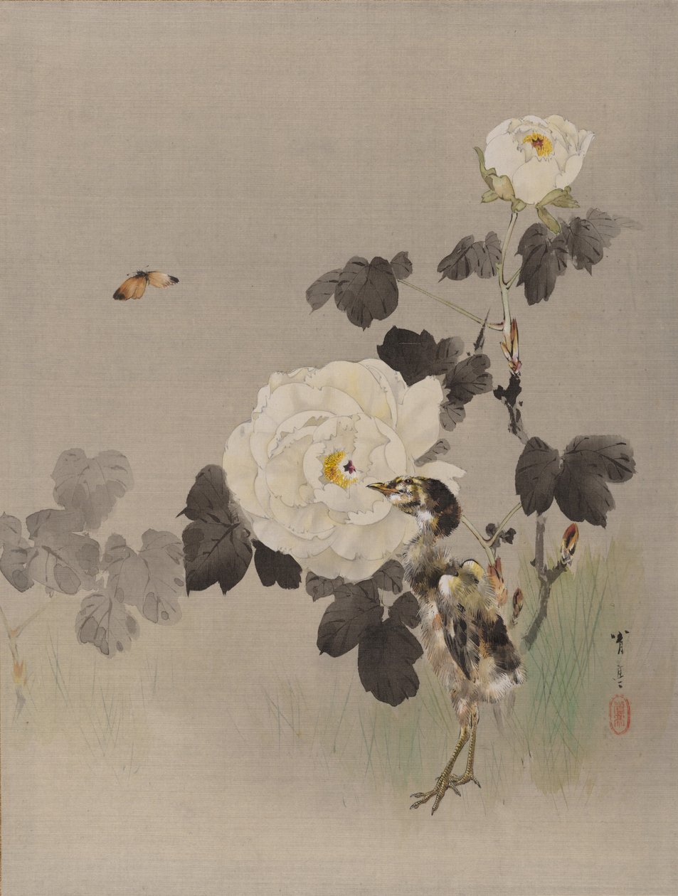 Roses, Jeune Oiseau et un Papillon, vers 1887 - Watanabe Seitei