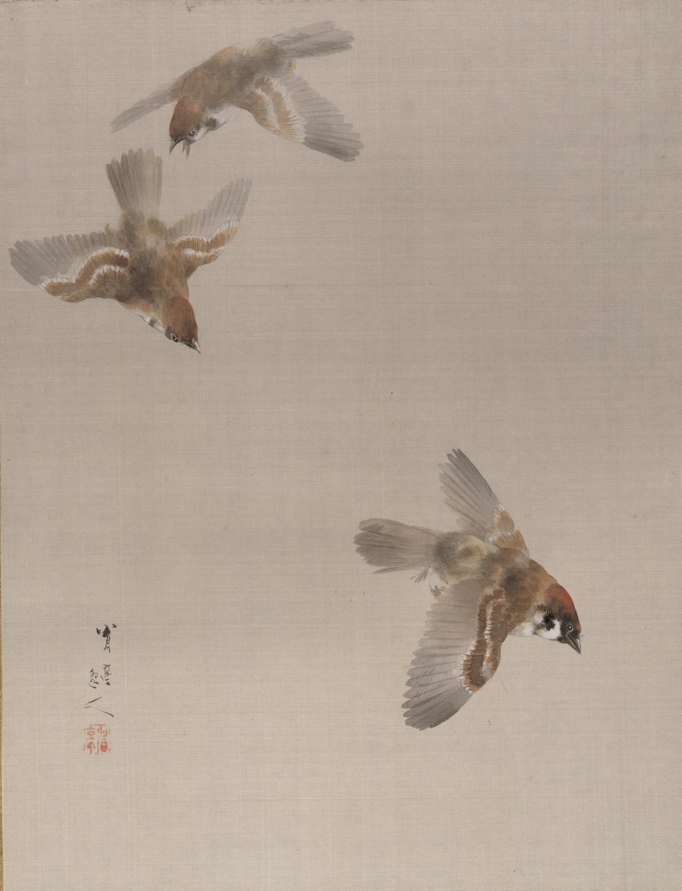 Moineaux en vol, ca. 1887 - Watanabe Seitei