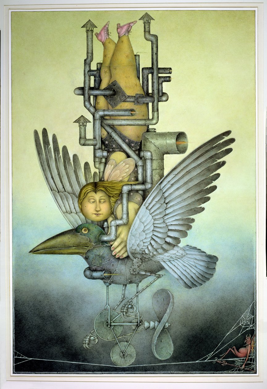 Une équilibriste sur un oiseau mécanique sur une corde raide (crayon et crayon de couleur sur papier) - Wayne Anderson