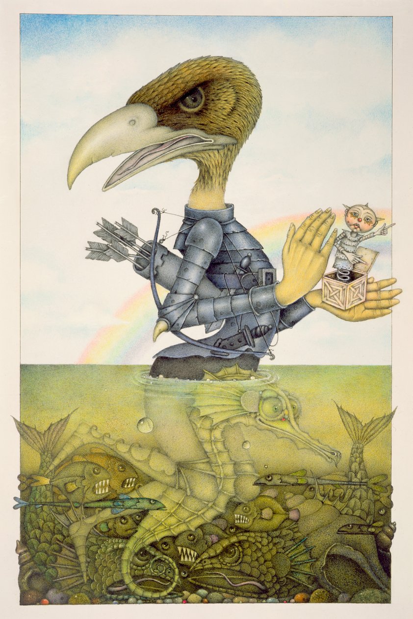 Oiseau en armure sur cheval de mer (crayon et crayon de couleur sur papier) (paire de 150071) - Wayne Anderson