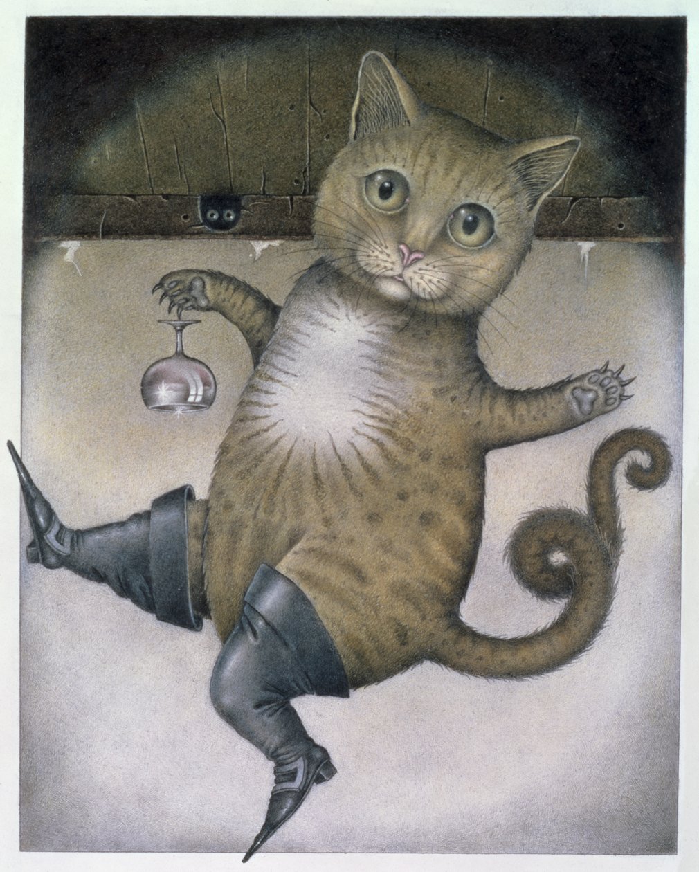 Le Chat Botté fait un saut périlleux (crayon et crayon de couleur sur papier) - Wayne Anderson