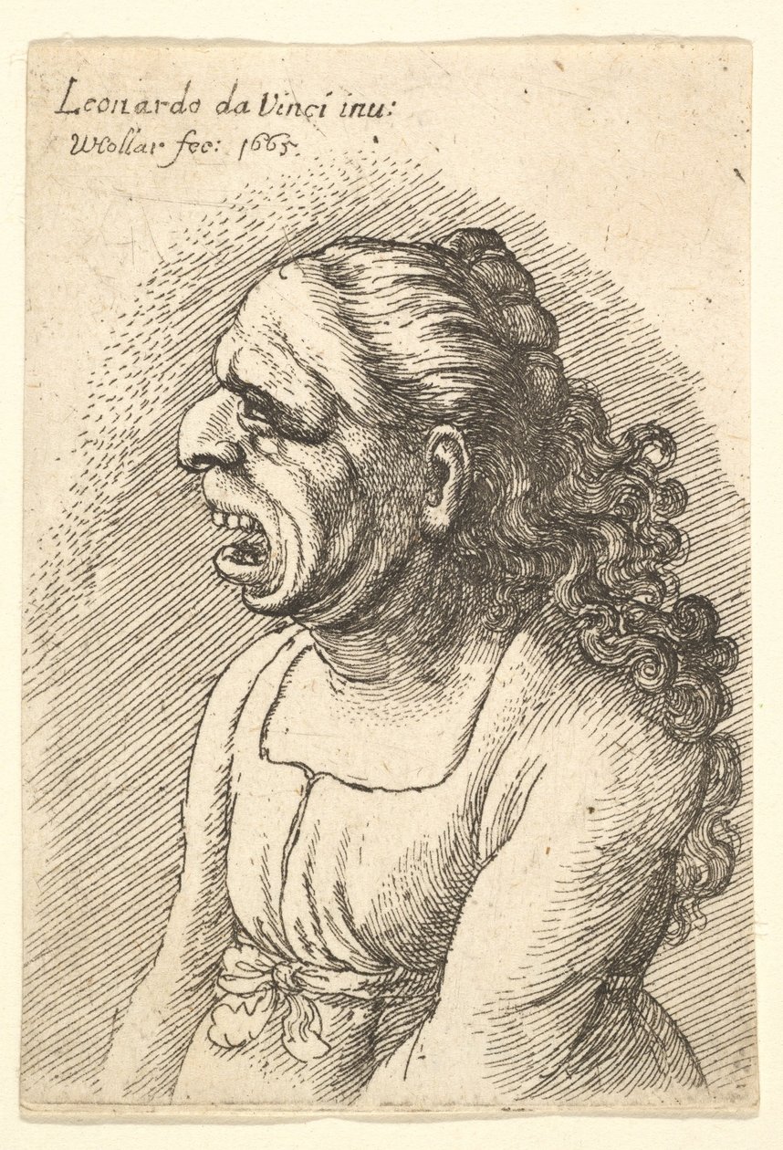 Buste de femme avec la bouche grande ouverte et de longs cheveux bouclés tombant sur ses épaules, 1665 - Wenceslaus Hollar