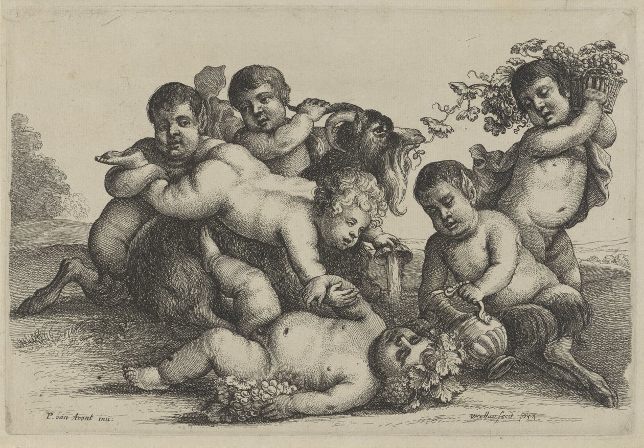 Trois garçons, deux satyres, un bacchant et une chèvre (Putti en saters) - Wenceslaus Hollar