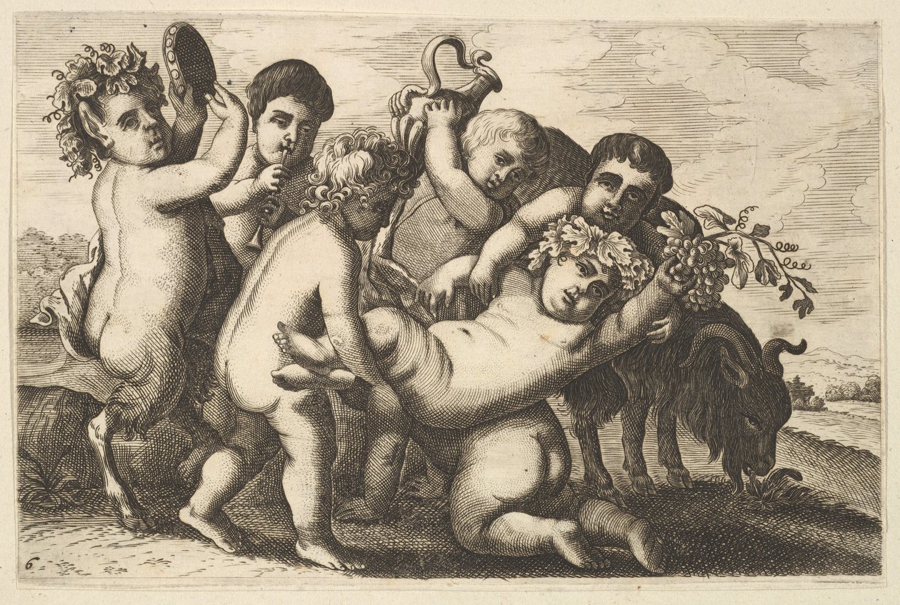 Cinq garçons, deux satyres et une chèvre copie, 17e siècle - Wenceslaus Hollar