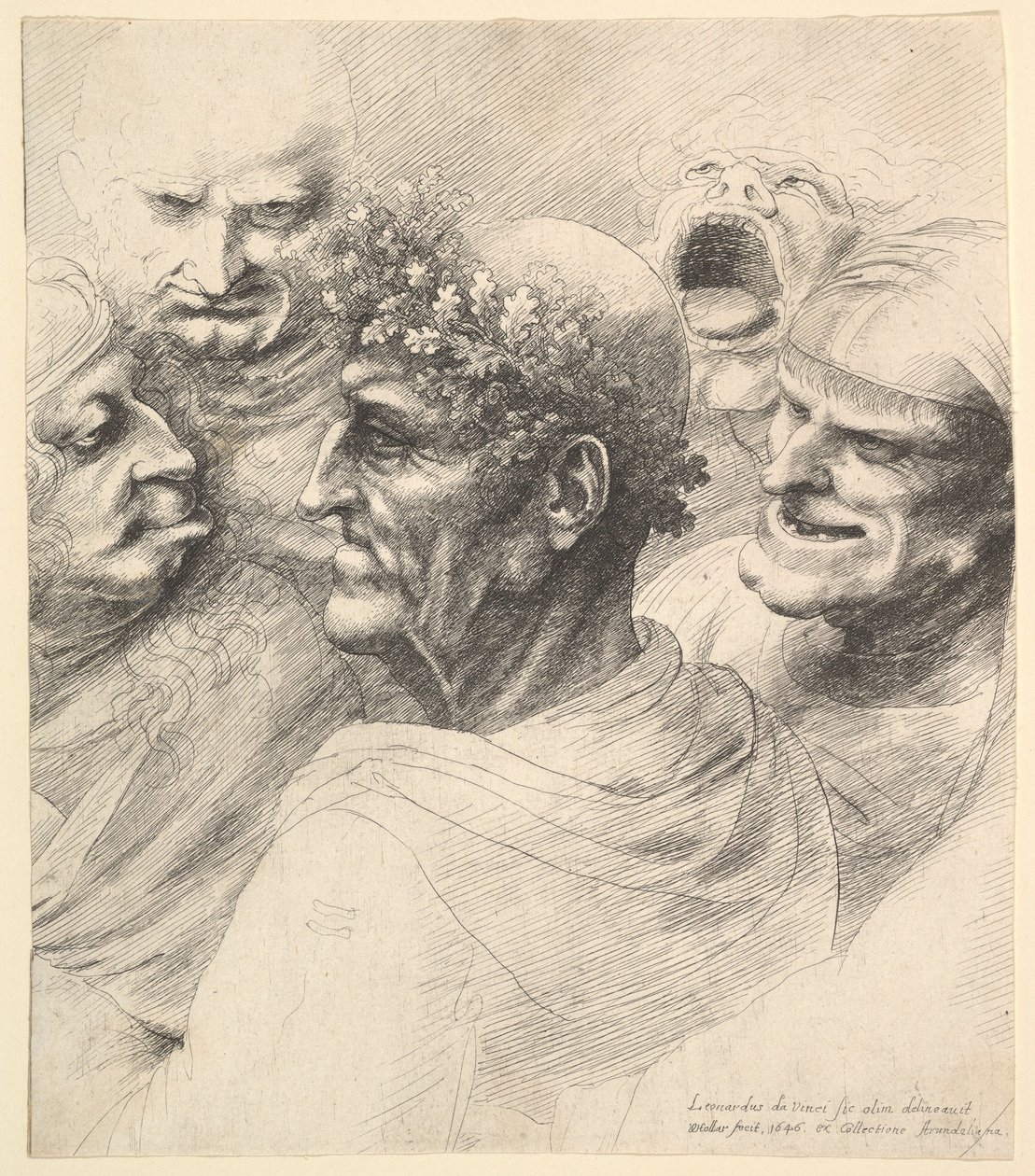 Cinq têtes grotesques, dont un vieil homme avec une couronne de feuilles de chêne - Wenceslaus Hollar