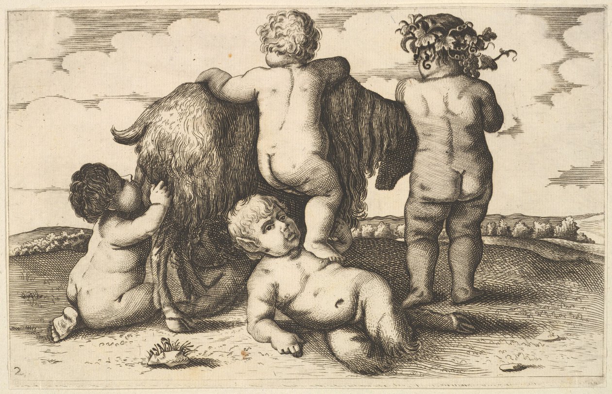 Quatre garçons, un jeune satyre et une chèvre - Wenceslaus Hollar