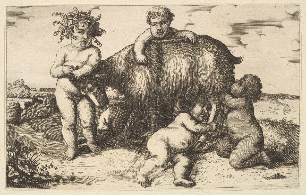 Quatre garçons, un jeune satyre et une chèvre copie inversée - Wenceslaus Hollar